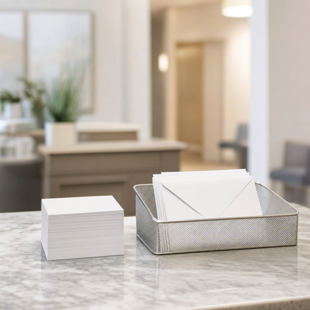 Clean appointment reminder cards at a clinic front desk